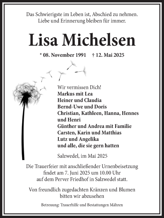Traueranzeige von Lisa Michelsen von Volksstimme Altmark West