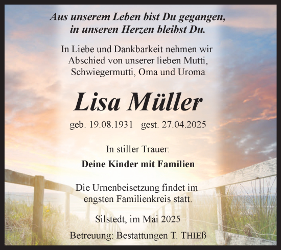 Traueranzeige von Lisa Müller von Volksstimme Wernigerode