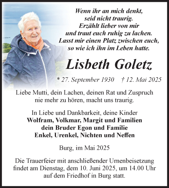 Traueranzeige von Lisbeth Goletz von Volksstimme Burg/Genthin
