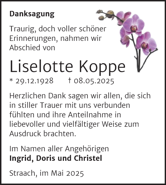 Traueranzeige von Liselotte Koppe von Trauerkombi Wittenberg