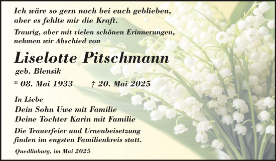 Traueranzeige von Liselotte Pitschmann von Trauerkombi Quedlinburg