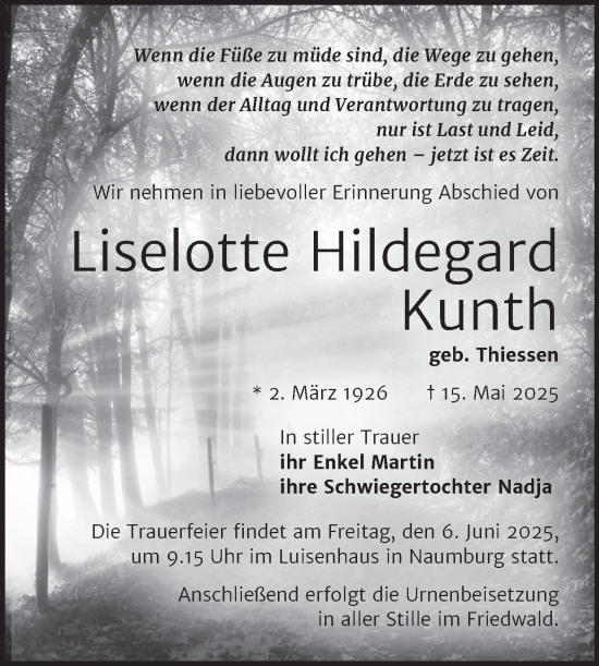 Traueranzeige von Liselotte Hildegard Kunth von Super Sonntag Naumburg/Nebra