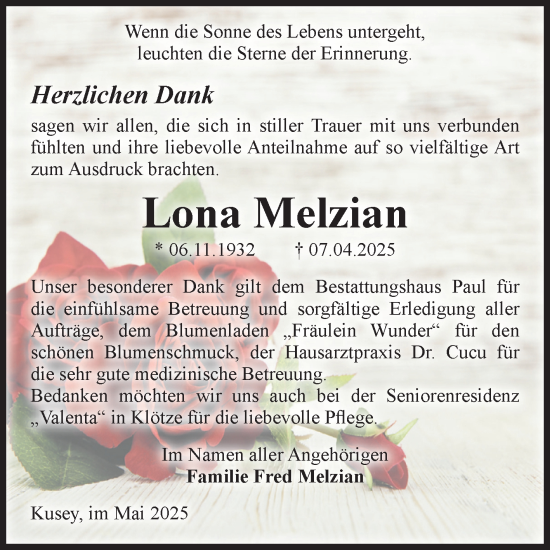 Traueranzeige von Lona Melzian von Volksstimme Altmark West