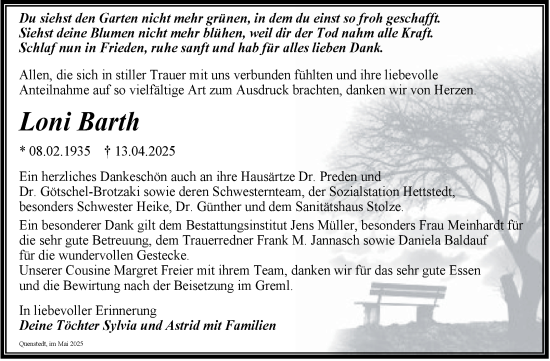 Traueranzeige von Loni Barth von Trauerkombi Mansfelder Land