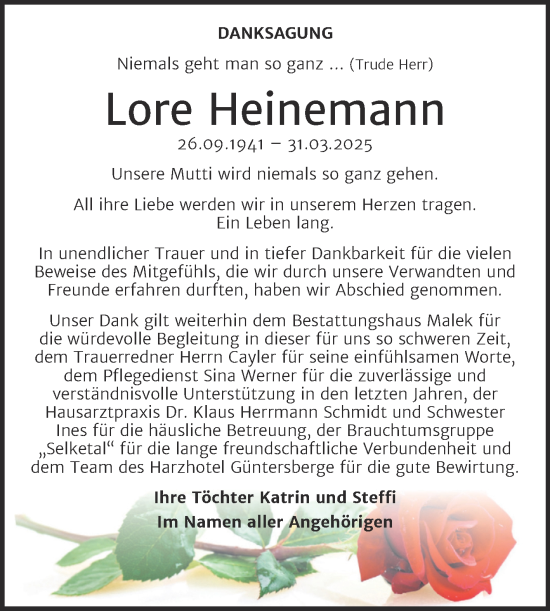 Traueranzeige von Lore Heinemann von Trauerkombi Quedlinburg