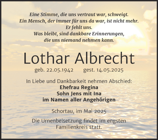 Traueranzeige von Lothar Albrecht von Trauerkombi Merseburg