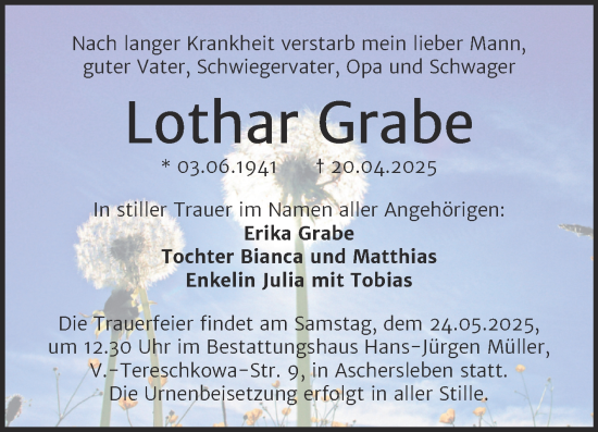 Traueranzeige von Lothar Grabe von Trauerkombi Aschersleben