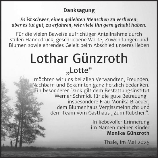 Traueranzeige von Lothar Günzroth von Trauerkombi Quedlinburg