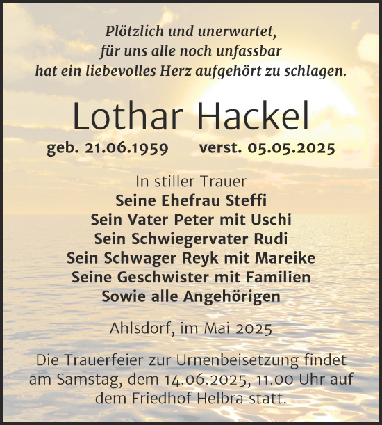 Traueranzeige von Lothar Hackel von Trauerkombi Mansfelder Land