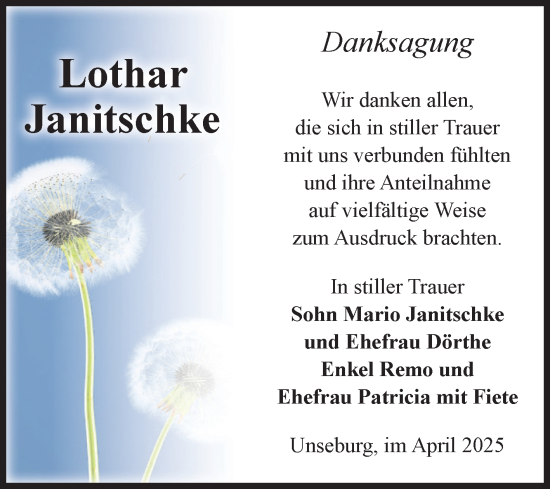 Traueranzeige von Lothar Janitschke von Volksstimme Staßfurt