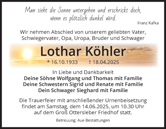 Traueranzeige von Lothar Köhler von Volksstimme Magdeburg