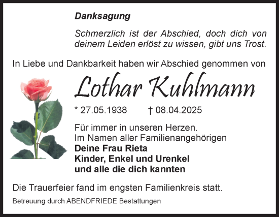 Traueranzeige von Lothar Kuhlmann von Volksstimme Magdeburg