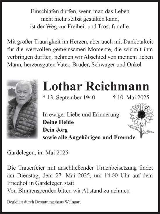 Traueranzeige von Lothar Reichmann von Volksstimme Altmark West