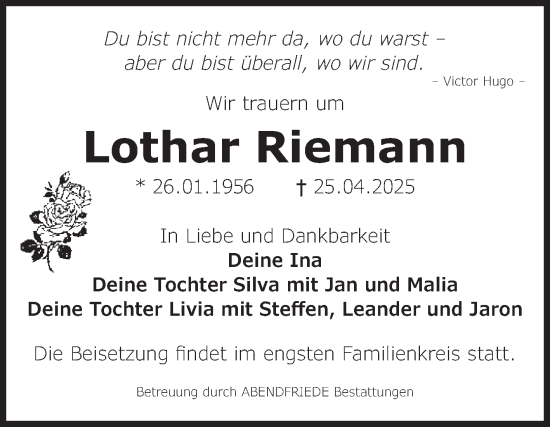 Traueranzeige von Lothar Riemann von Volksstimme Magdeburg