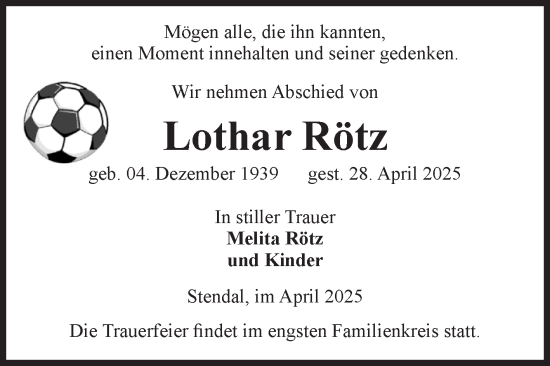 Traueranzeige von Lothar Rötz von Volksstimme Altmark Ost
