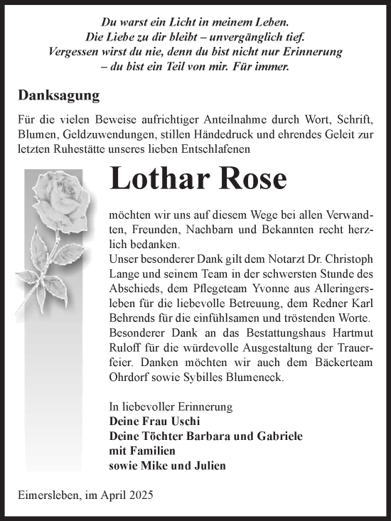 Traueranzeige von Lothar Rose von Volksstimme Haldensleben/Wolmirstedt