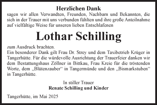 Traueranzeige von Lothar Schilling von Volksstimme Altmark Ost