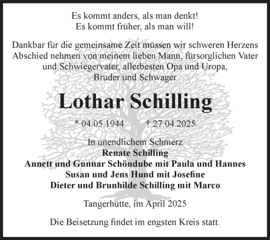 Traueranzeige von Lothar Schilling von Volksstimme Altmark Ost