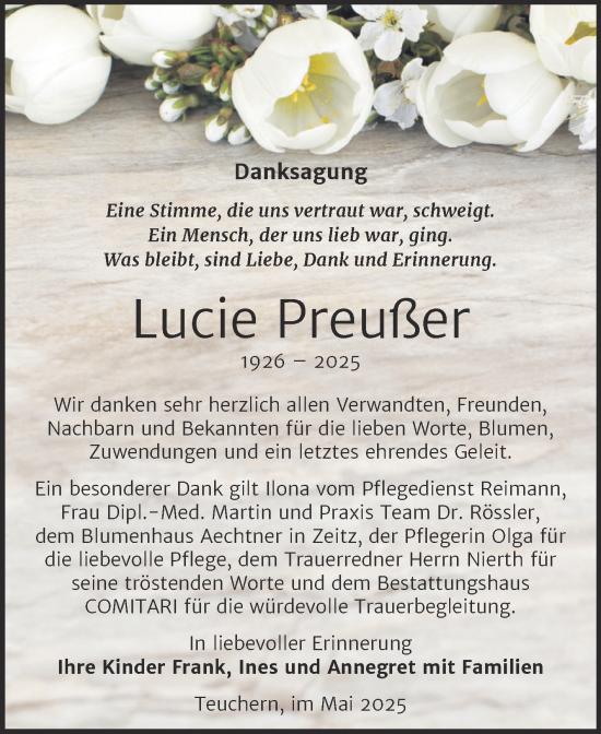 Traueranzeige von Lucie Preußer von Trauerkombi Weißenfels