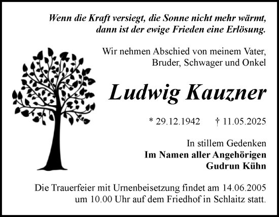 Traueranzeige von Ludwig Kauzner von Trauerkombi Bitterfeld