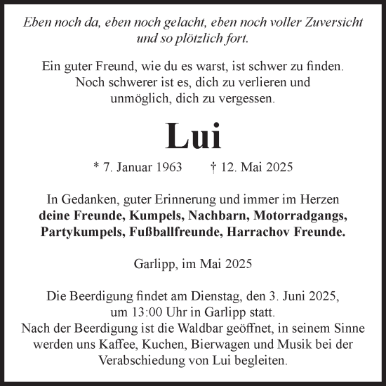Traueranzeige von Lui  von Volksstimme Altmark Ost