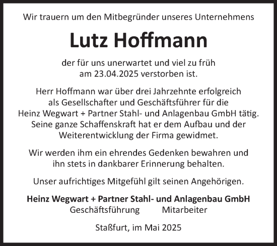 Traueranzeige von Lutz Hoffmann von Volksstimme Staßfurt