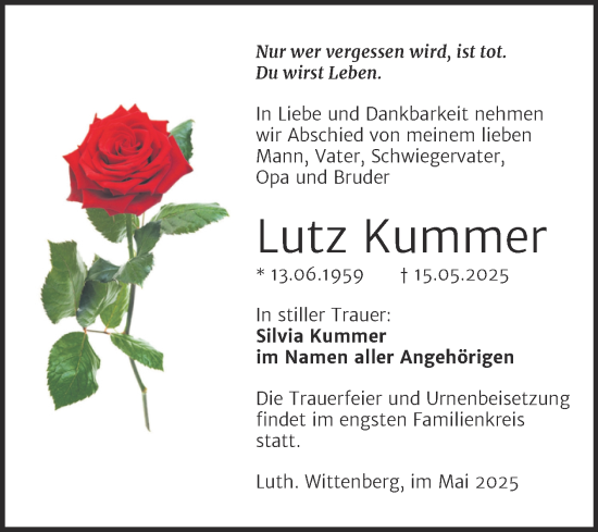 Traueranzeige von Lutz Kummer von Trauerkombi Wittenberg