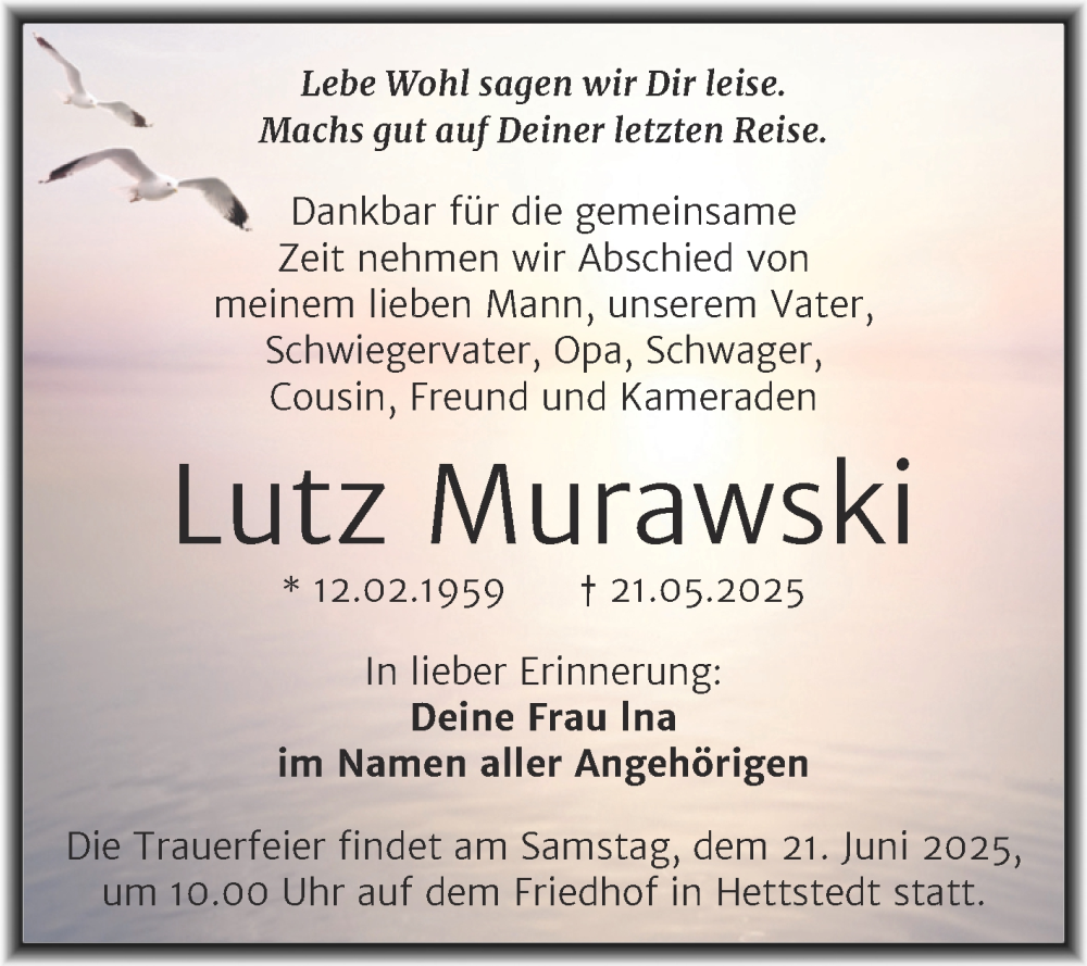  Traueranzeige für Lutz Murawski vom 28.05.2025 aus Trauerkombi Mansfelder Land