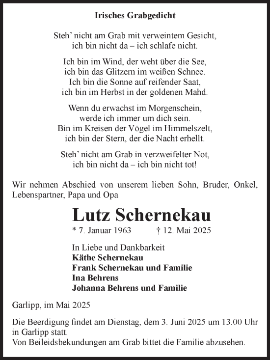 Traueranzeige von Lutz Schernekau von Volksstimme Altmark Ost