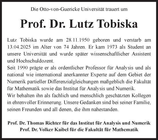 Traueranzeige von Lutz Tobiska von Volksstimme Magdeburg