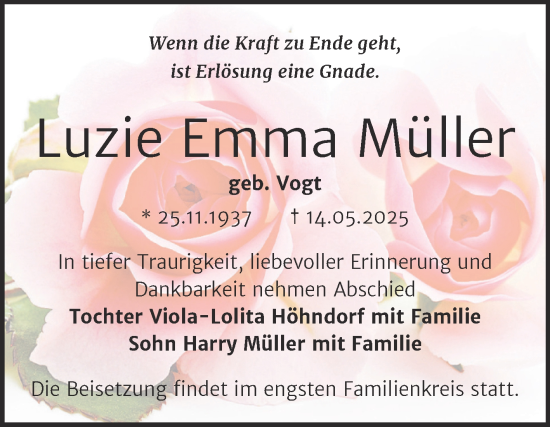 Traueranzeige von Luzie Emma Müller von Trauerkombi Bernburg