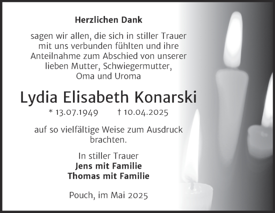 Traueranzeige von Lydia Elisabeth Konarski von Trauerkombi Bitterfeld