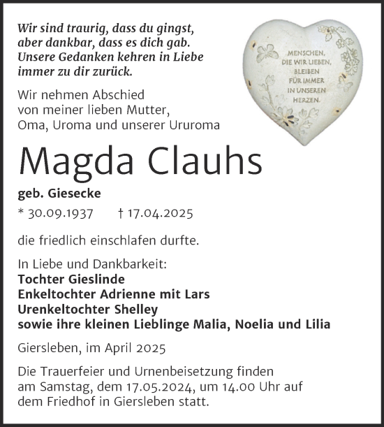 Traueranzeige von Magda Clauhs von Trauerkombi Aschersleben