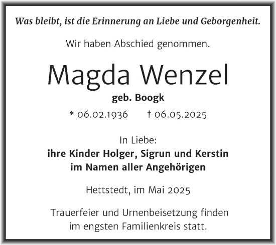 Traueranzeige von Magda Wenzel von Mitteldeutsche Zeitung Sangerhausen