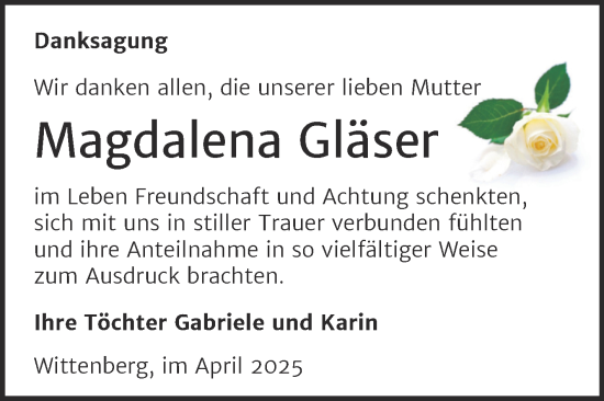 Traueranzeige von Magdalena Gläser von Trauerkombi Wittenberg