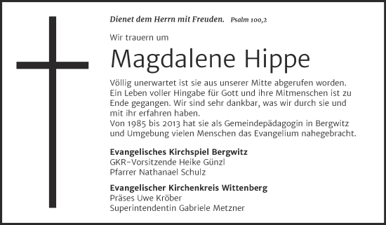 Traueranzeige von Magdalene Hippe 