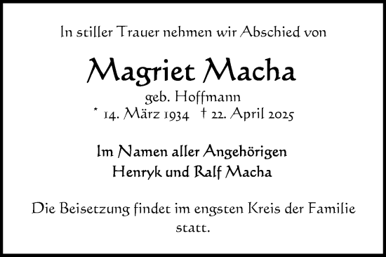 Traueranzeige von Magriet Macha von Volksstimme Altmark Ost
