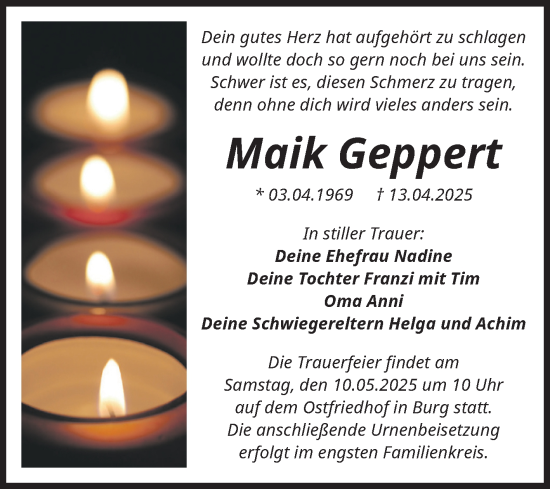 Traueranzeige von Maik Geppert von Volksstimme Burg/Genthin