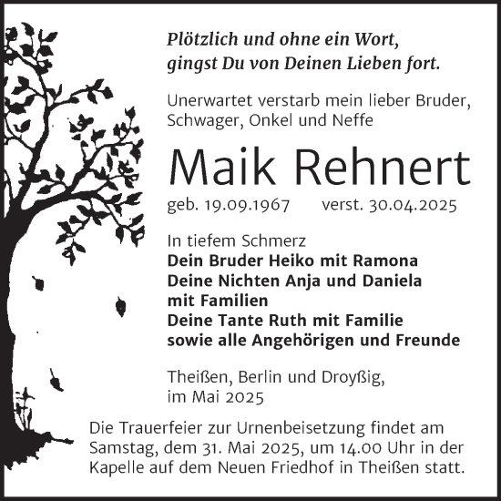 Traueranzeige von Maik Rehnert von Trauerkombi Zeitz
