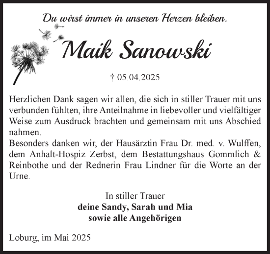 Traueranzeige von Maik Sanowski von Volksstimme Zerbst