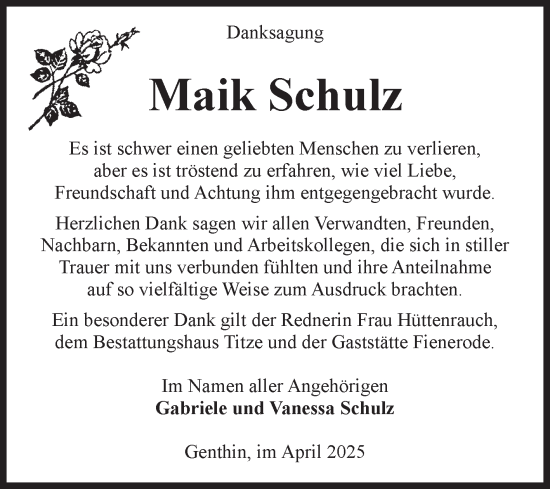 Traueranzeige von Maik Schulz von Volksstimme Burg/Genthin