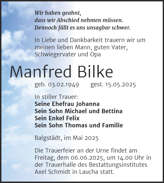Traueranzeige von Manfred Bilke von Super Sonntag Naumburg/Nebra