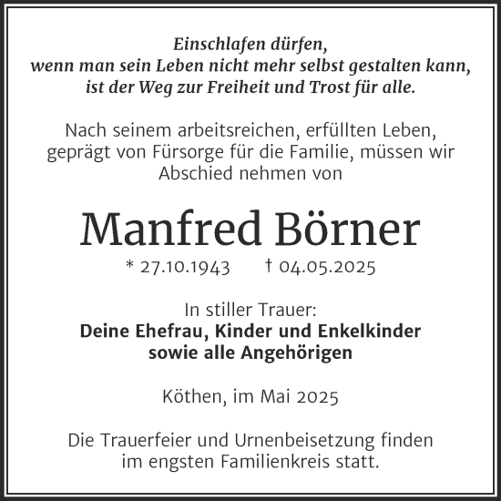 Traueranzeige von Manfred Börner von Trauerkombi Köthen