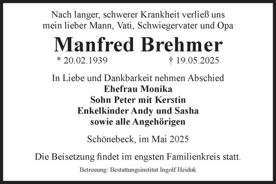 Traueranzeige von Manfred Brehmer von Volksstimme Schönebeck