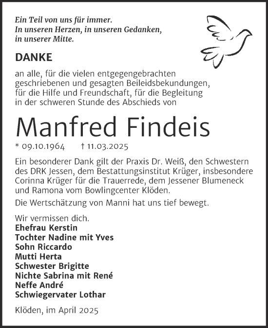 Traueranzeige von Manfred Findeis von Trauerkombi Wittenberg
