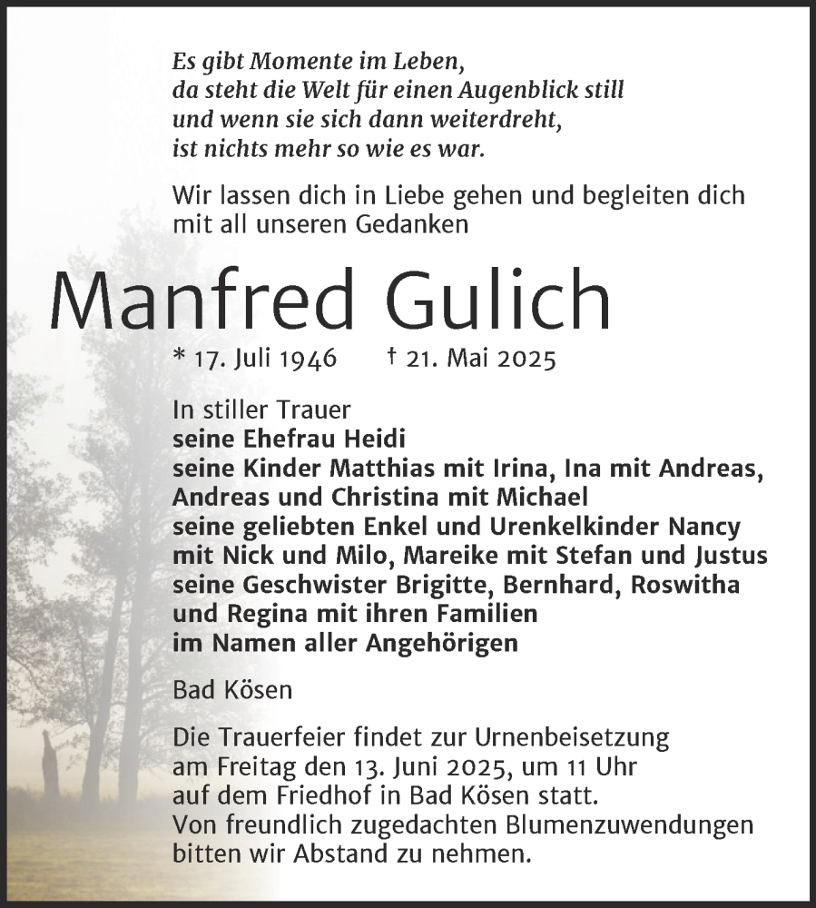  Traueranzeige für Manfred Gulich vom 31.05.2025 aus Naumburger Tageblatt