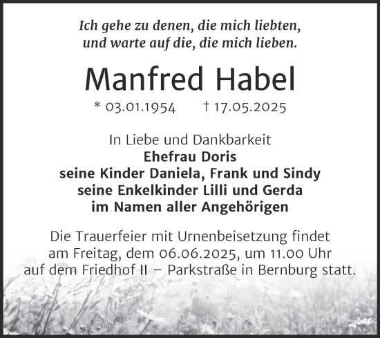 Traueranzeige von Manfred Habel von Trauerkombi Bernburg