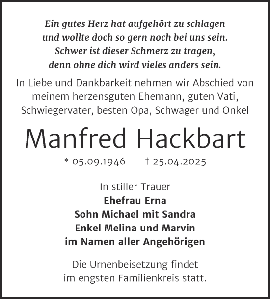 Traueranzeige von Manfred Hackbart von Trauerkombi Bernburg