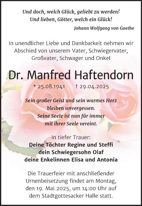 Traueranzeige von Manfred Haftendorn von Mitteldeutsche Zeitung Halle/Saalkreis