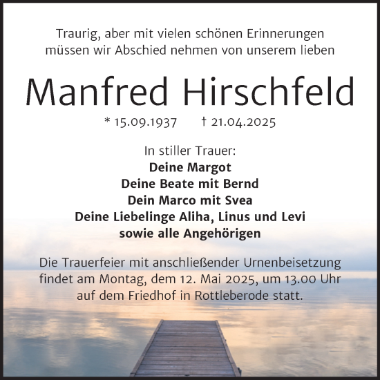 Traueranzeige von Manfred Hirschfeld von Trauerkombi Sangerhausen